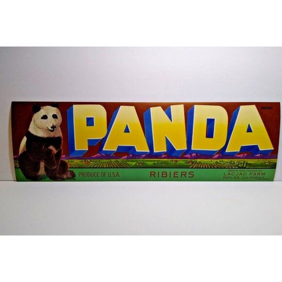 Panda Bear Crate Label Original Large Letter Farms 1940s Vintage Fruit Grapes - Picture 1 of 4